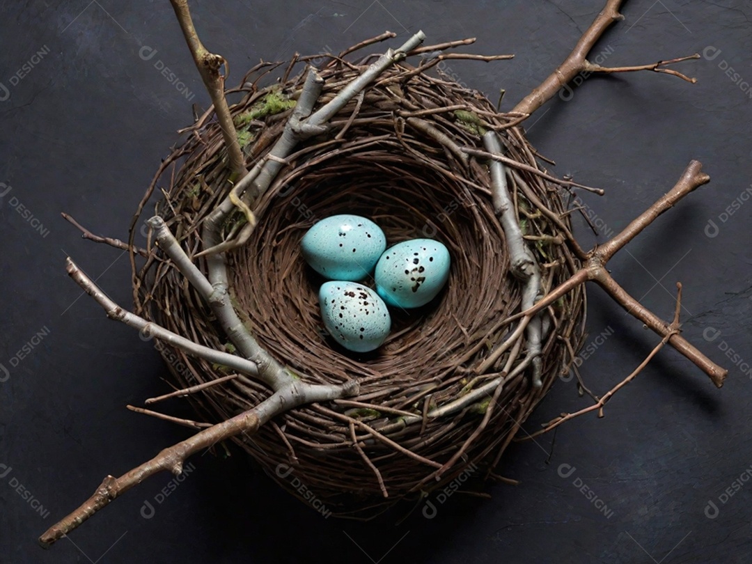 Um ninho feito de gravetos e cheio de ovos