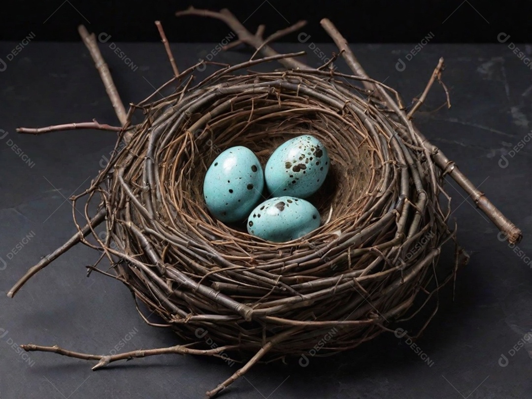 Um ninho feito de gravetos e cheio de ovos