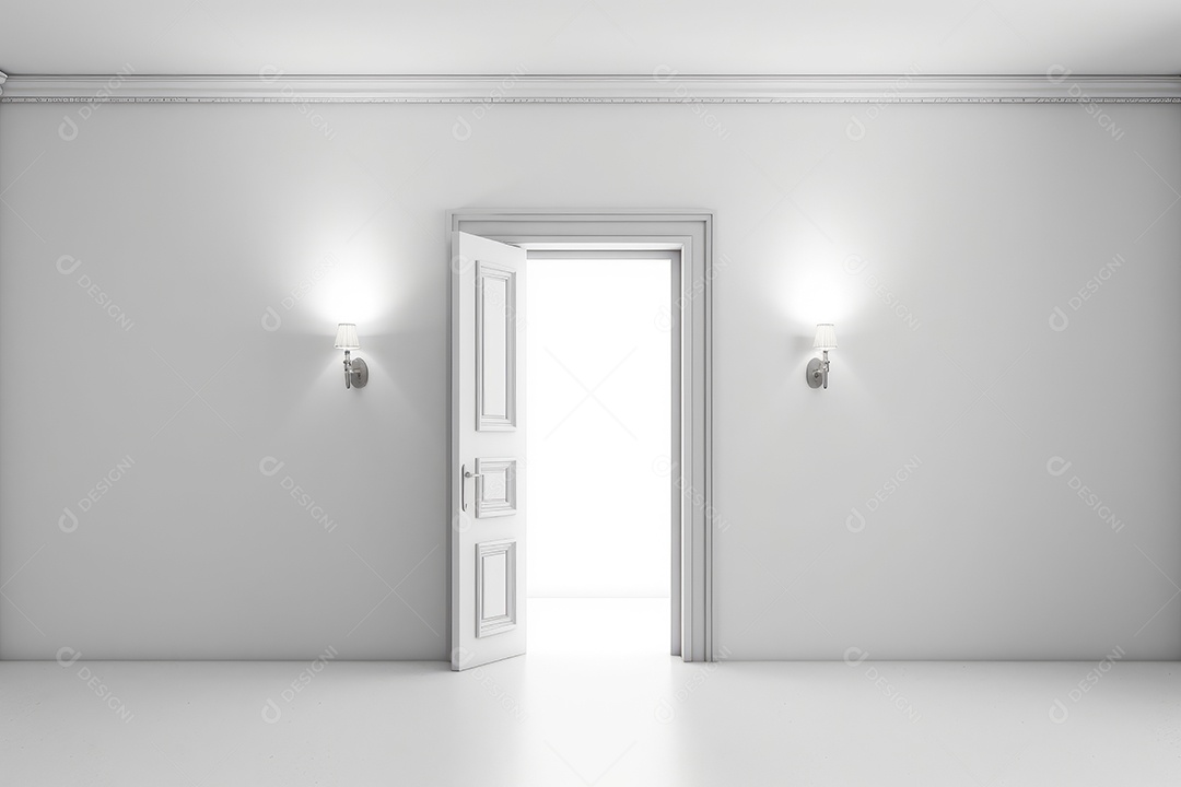 Porta de madeira simples e parede com luminárias