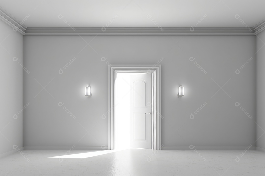 Porta aberta de madeira com parede e luminárias