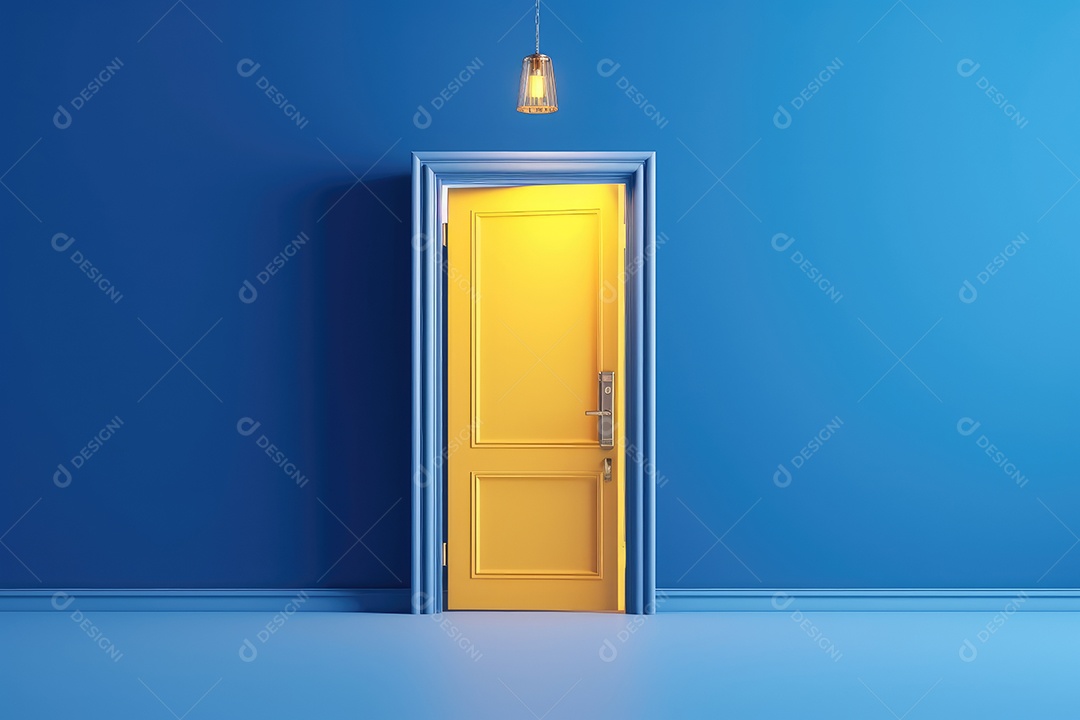 Imagem apresenta uma porta amarela brilhante emoldurada por uma parede azul vibrante