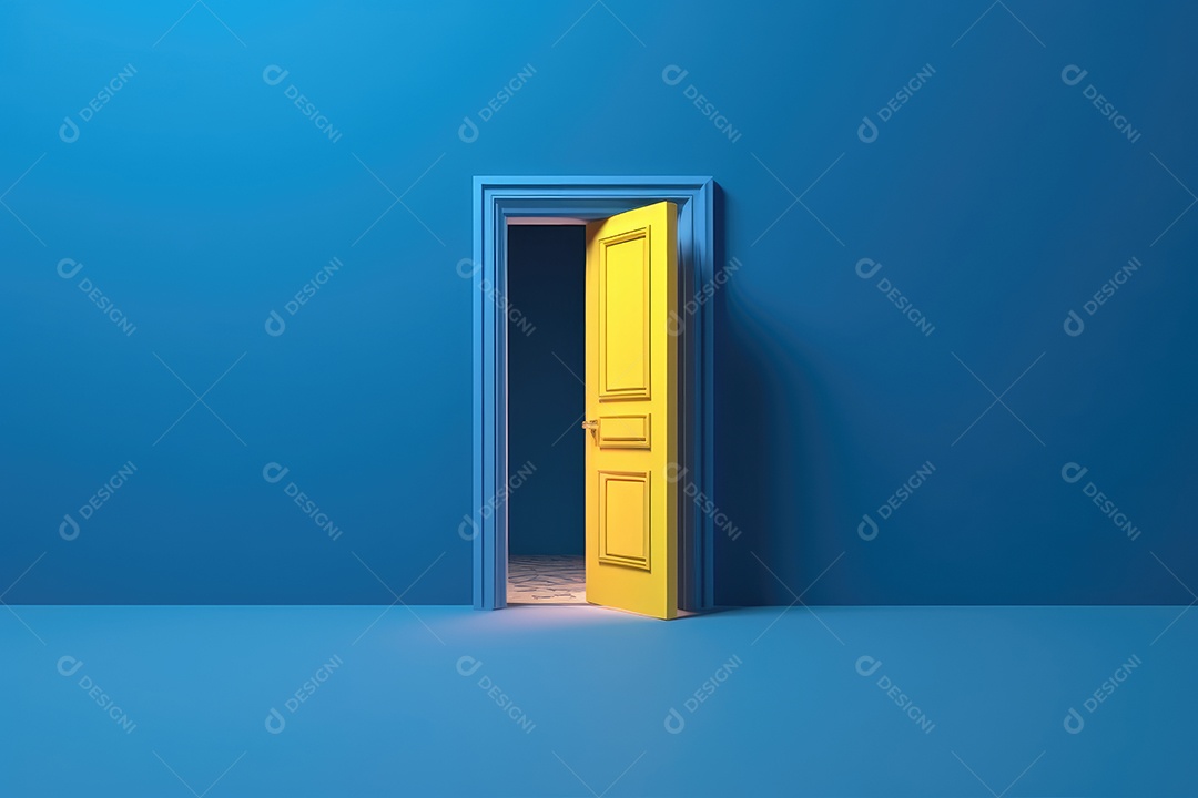 Imagem apresenta uma porta amarela brilhante emoldurada por uma parede azul vibrante