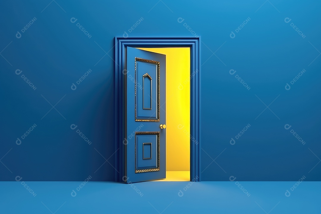Imagem apresenta uma porta amarela brilhante emoldurada por uma parede azul vibrante