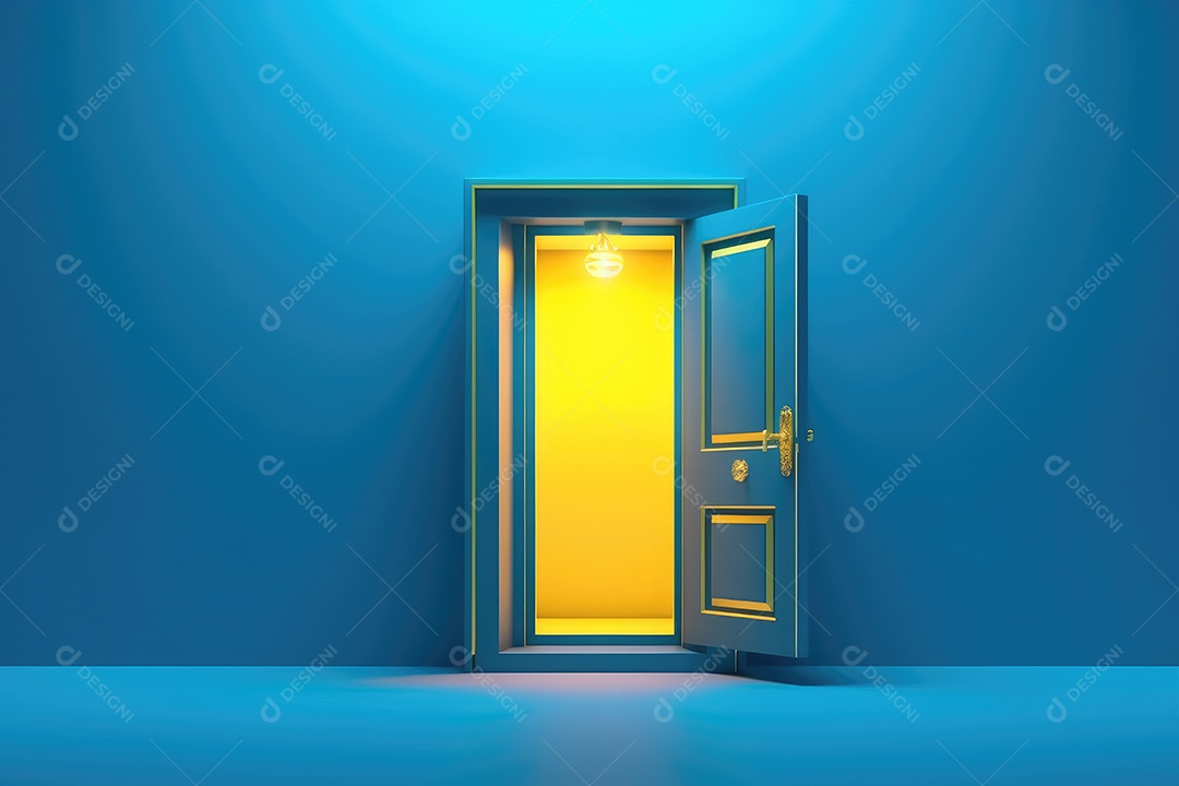 Imagem apresenta uma porta amarela brilhante emoldurada por uma parede azul vibrante