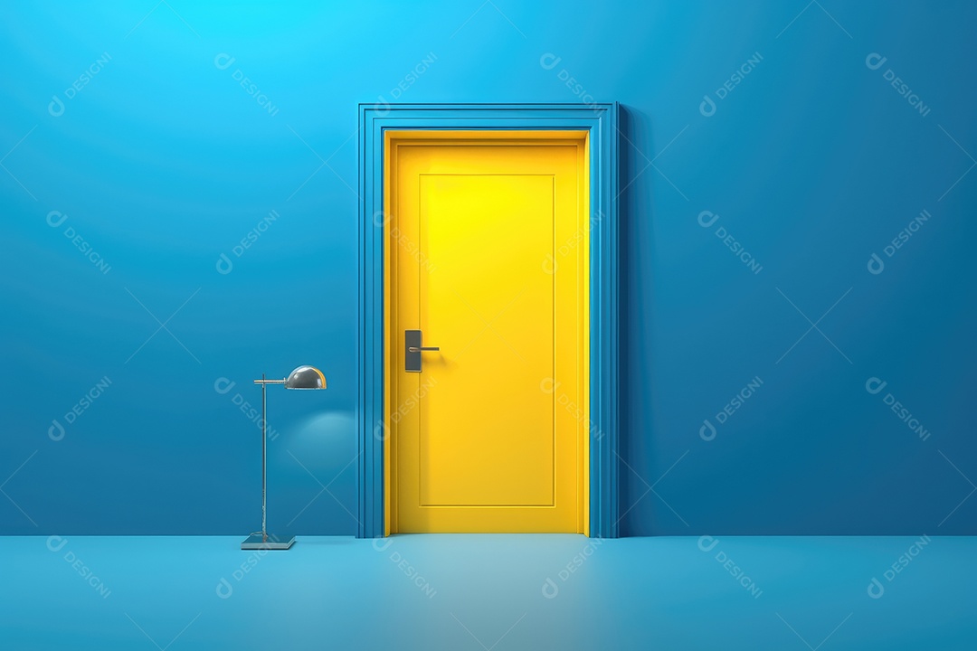 Imagem apresenta uma porta amarela brilhante emoldurada por uma parede azul vibrante
