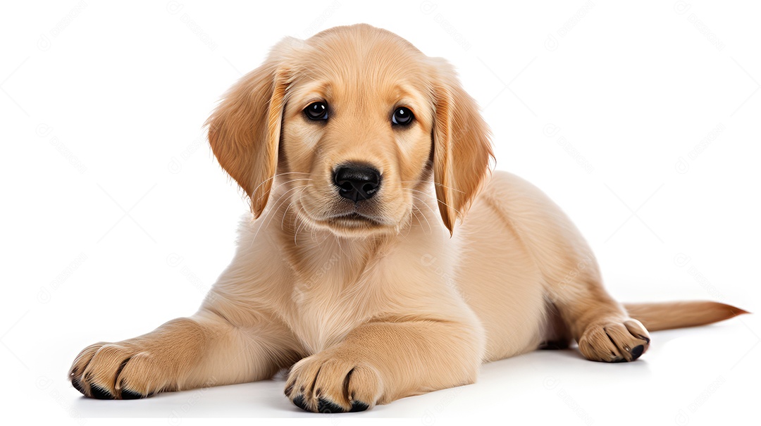 Cachorro golden fofo deitado sobre fundo branco