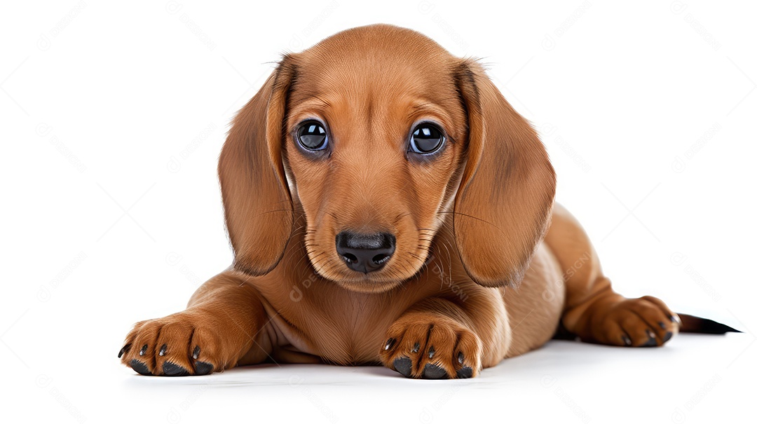 Um lindo cachorro salsicha deitado sobre fundo branco