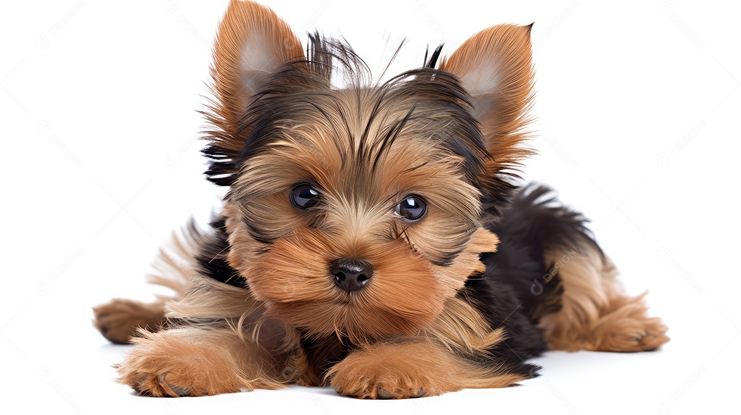 Cachorro filhote peludo deitado sobre fundo branco
