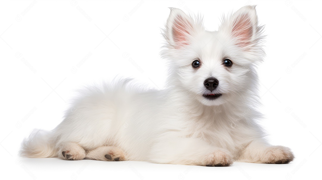 Cachorro branco fofo sentado em fundo branco