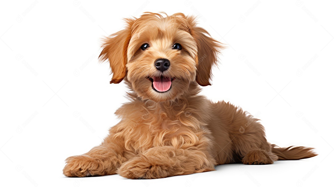 Cachorro peludo amarelo sobre fundo branco