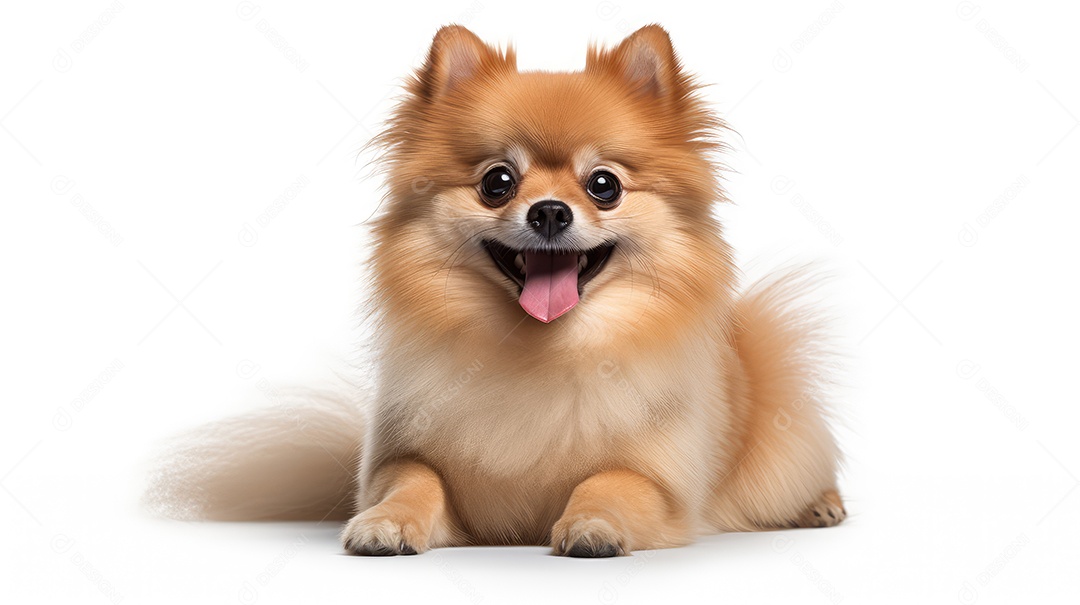 Cachorro peludo fofo deitado sobre fundo branco