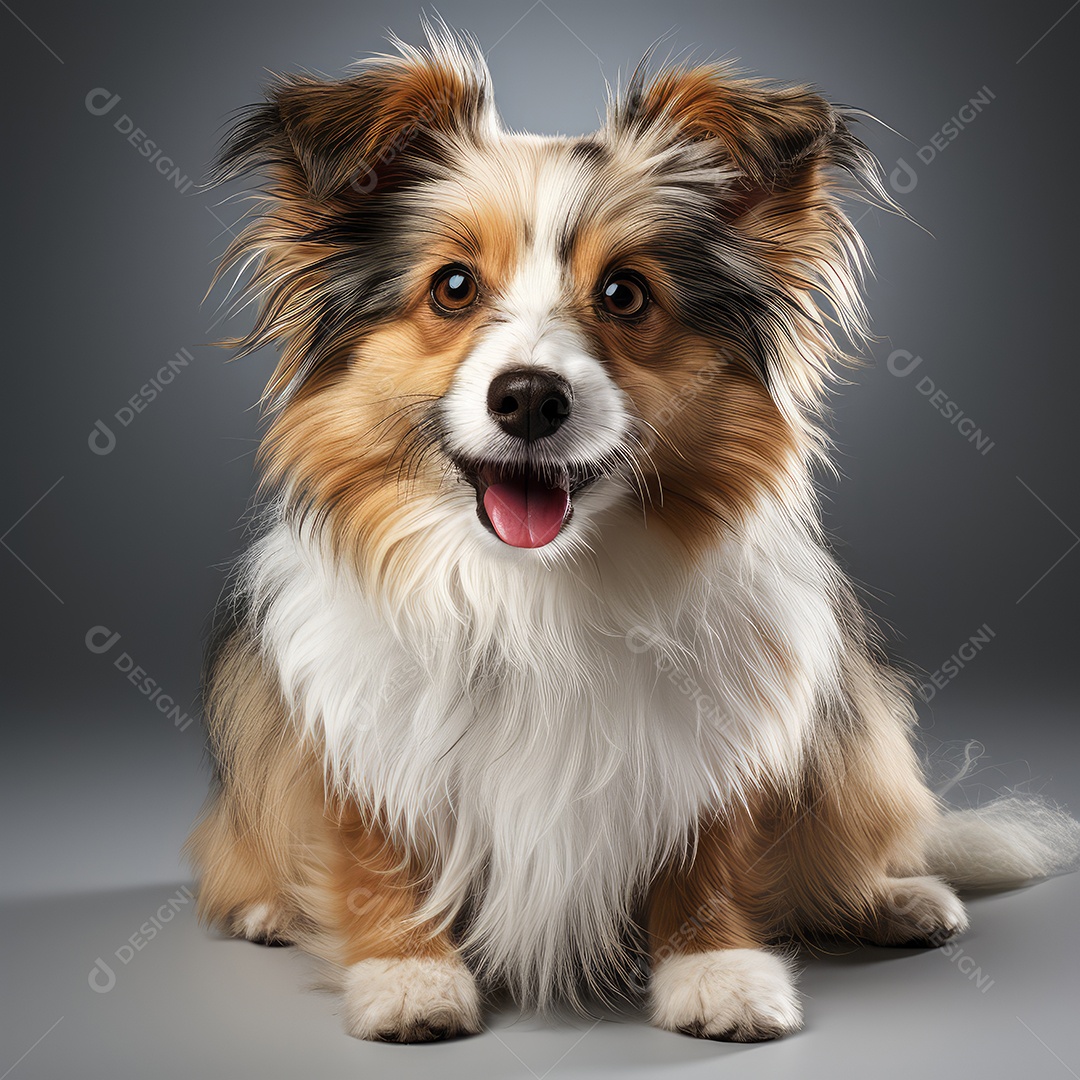 Cachorro fofo deitado sobre fundo cinza