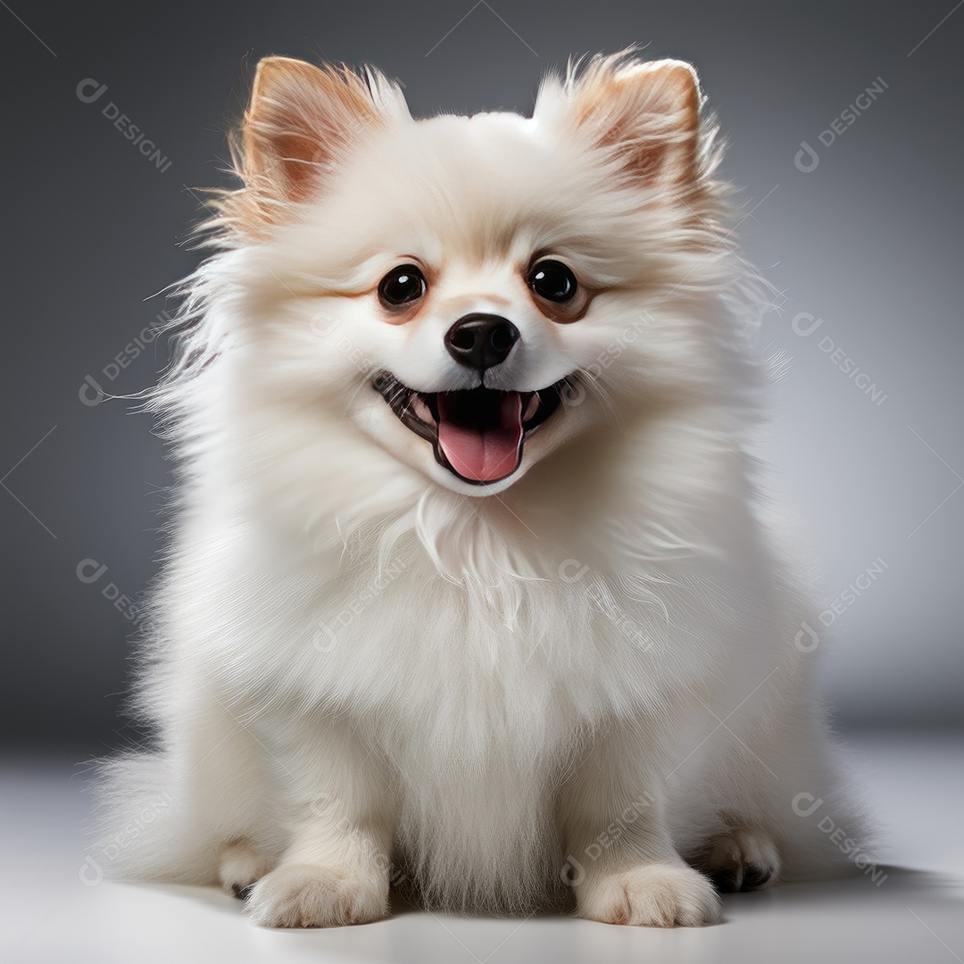 Cachorro branco fofo sentado em fundo cinza