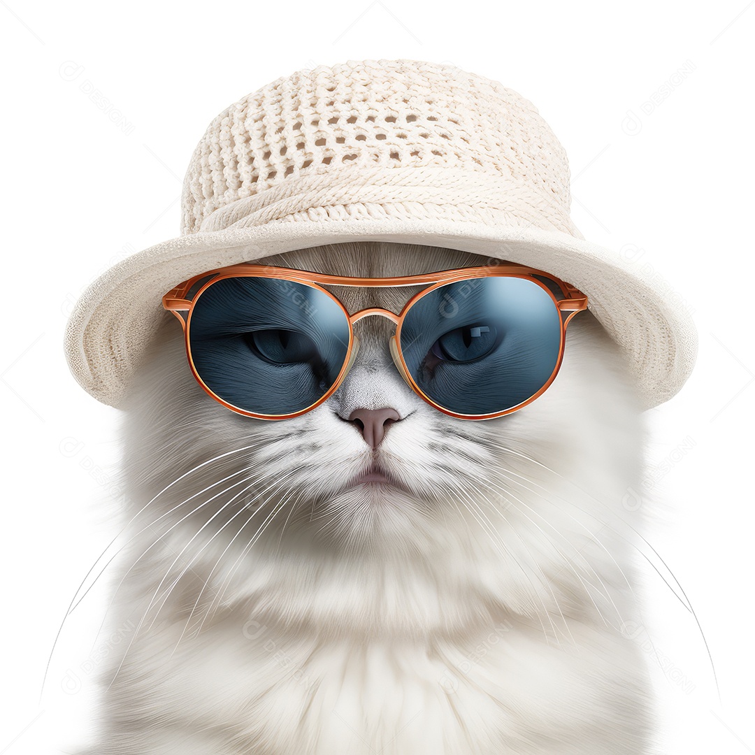 Um gato usando chapéu e óculos de sol isolado no branco