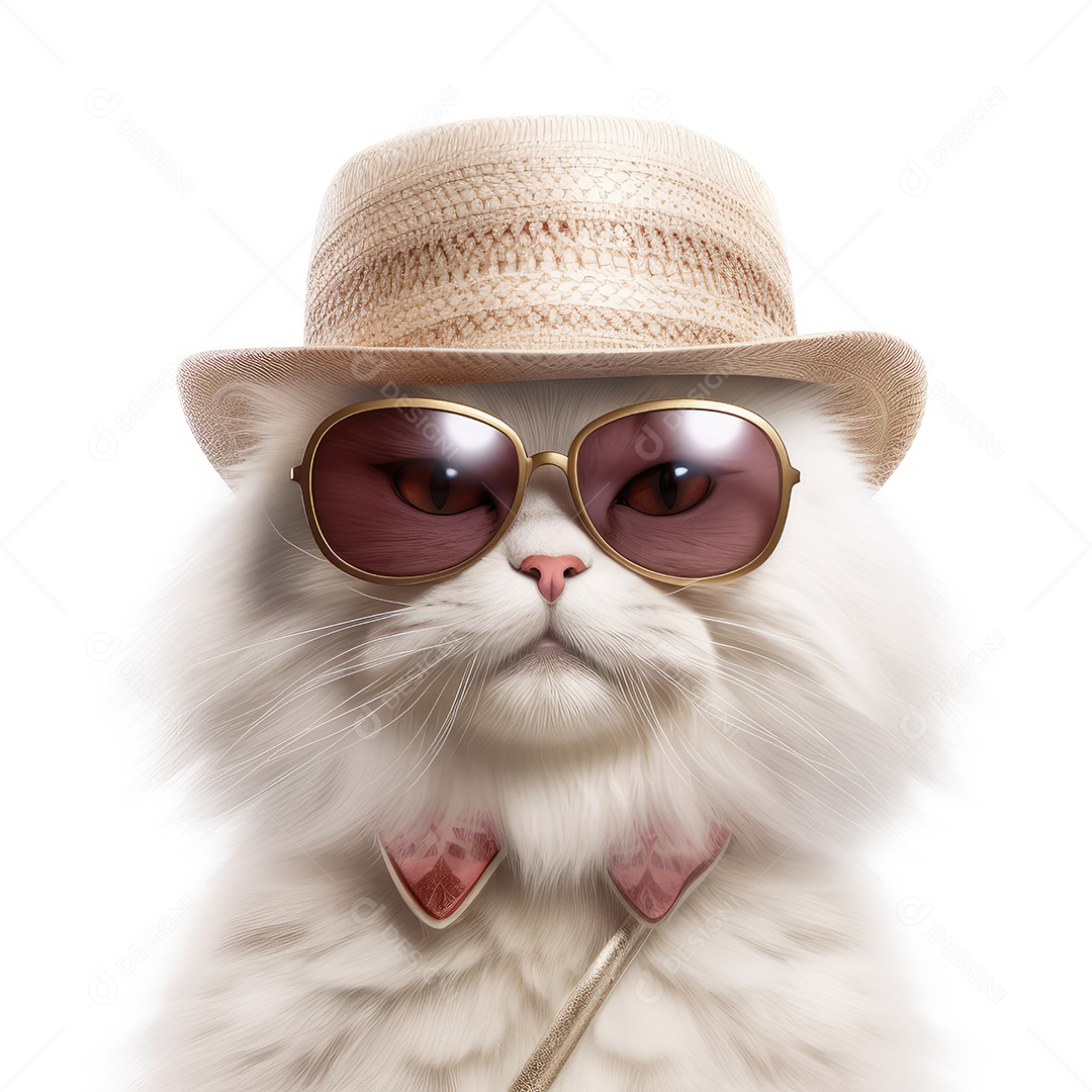 Um gato usando chapéu e óculos de sol isolado no branco