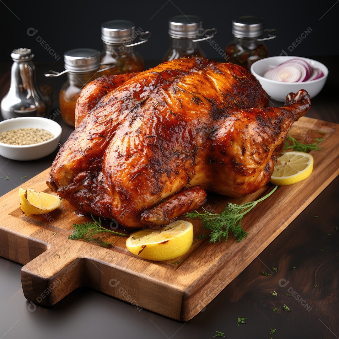 Frango inteiro assado em tábua de madeira com limão e especiarias