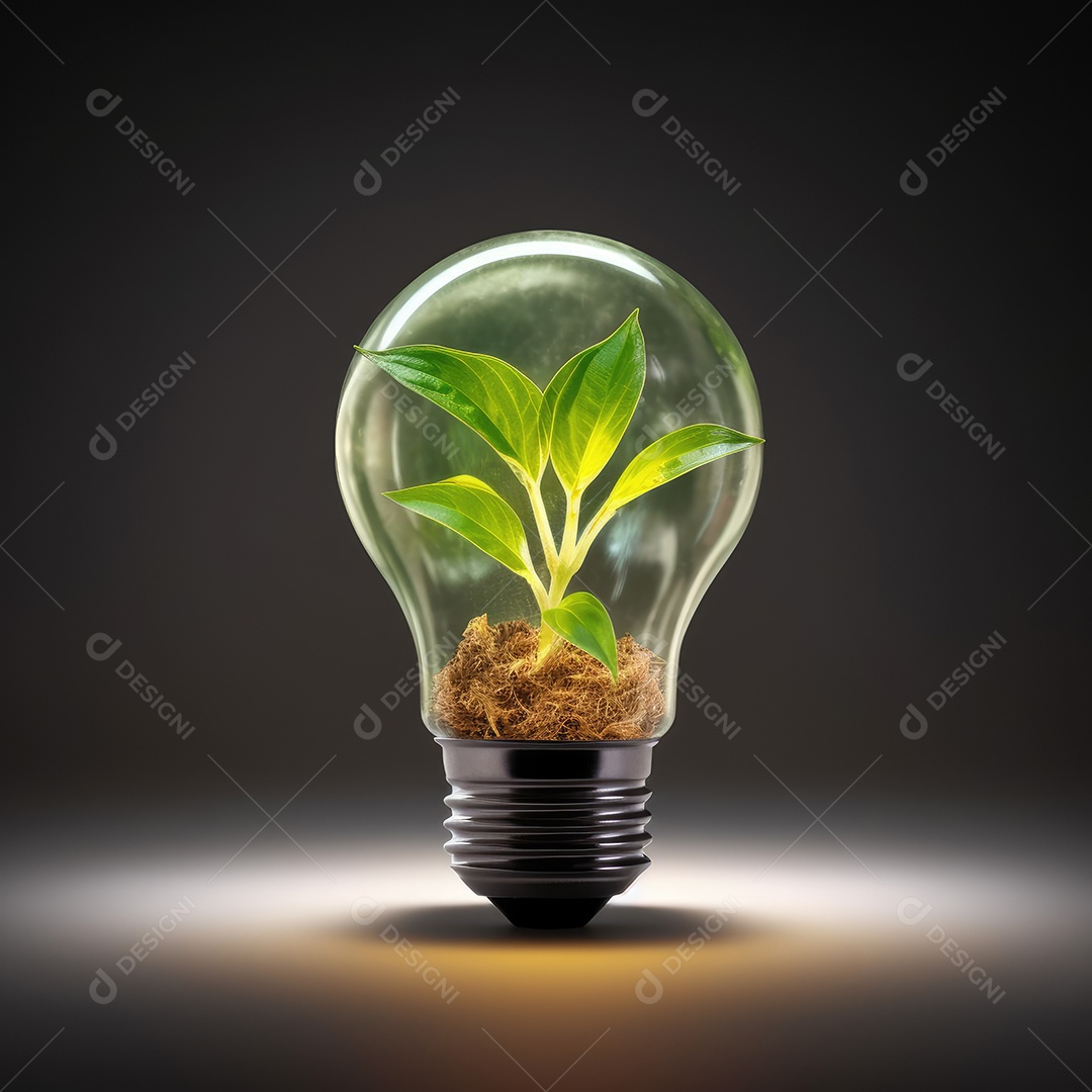 Lâmpada com planta verde dentro e terra dentro