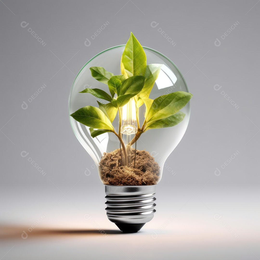 Lâmpada com planta verde dentro e terra dentro