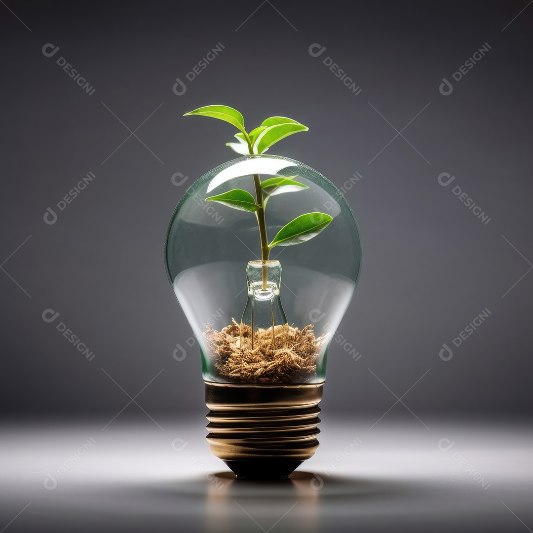 Lâmpada com planta verde dentro e terra dentro