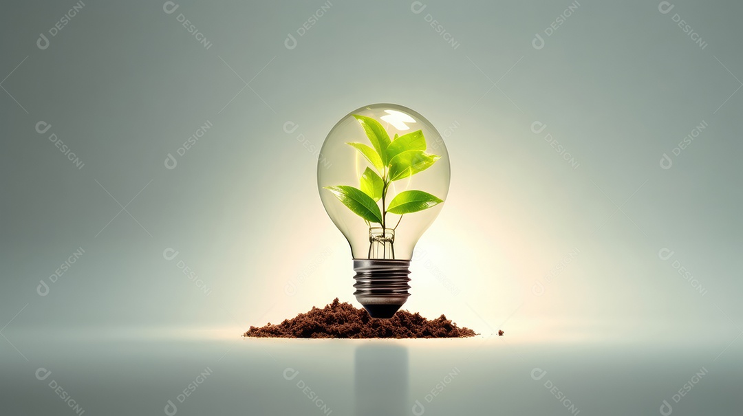 Lâmpada com planta verde dentro e terra dentro