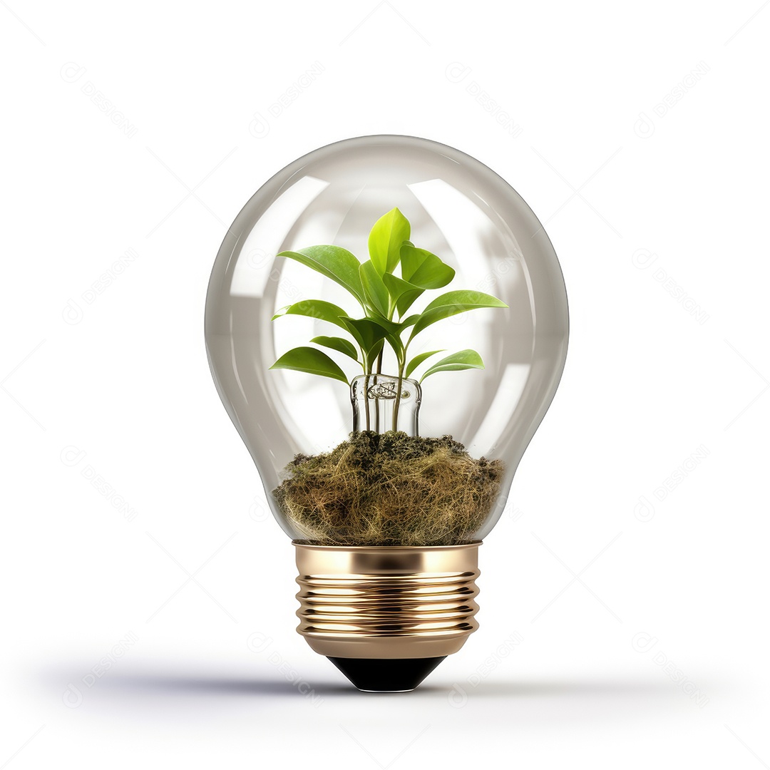 Lâmpada com planta verde dentro e terra dentro