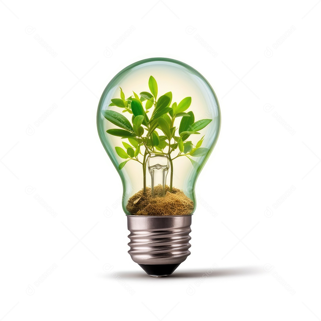 Lâmpada com planta verde dentro e terra dentro