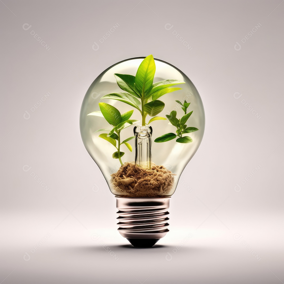 Lâmpada com planta verde dentro e terra dentro