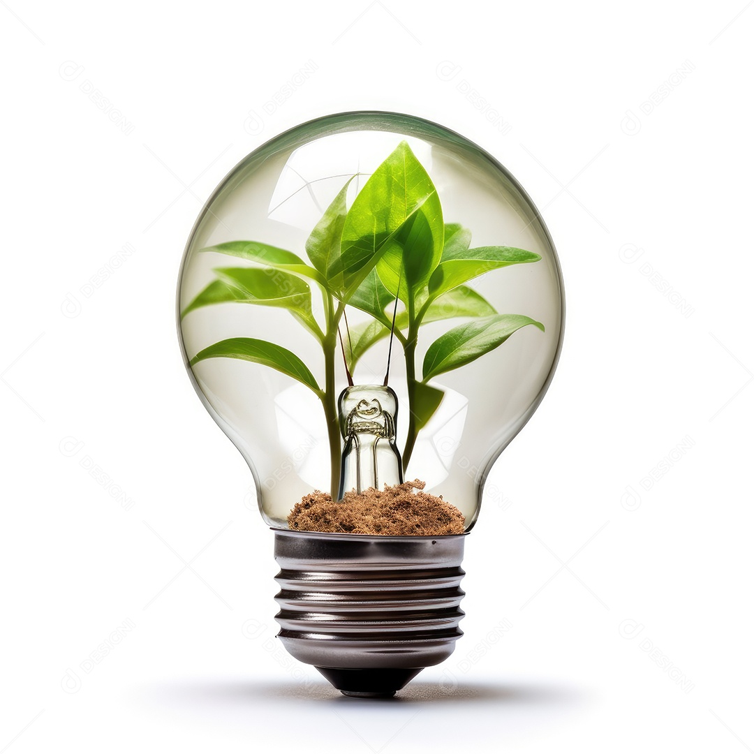 Lâmpada com planta verde dentro e terra dentro