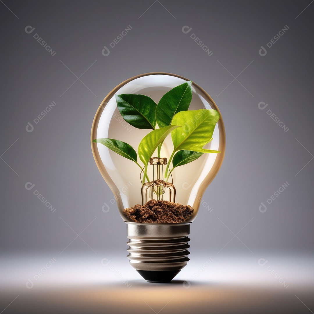 Lâmpada com planta verde dentro e terra dentro