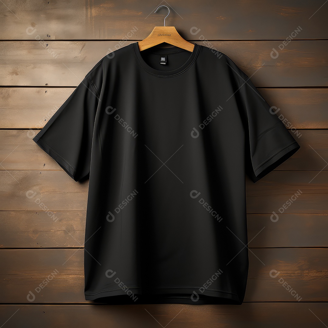 Camiseta preta simples pendurada em um cabide