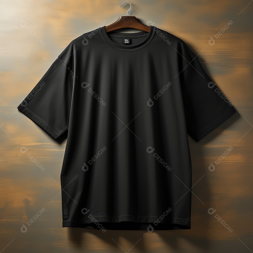 Camiseta preta simples pendurada em um cabide