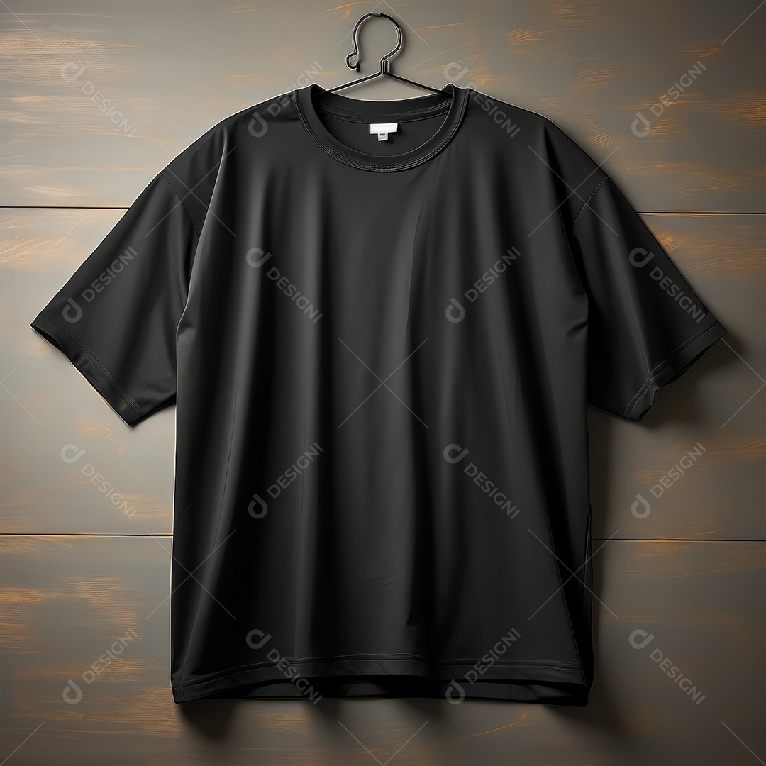 Camiseta simples preta em um cabide pendurada