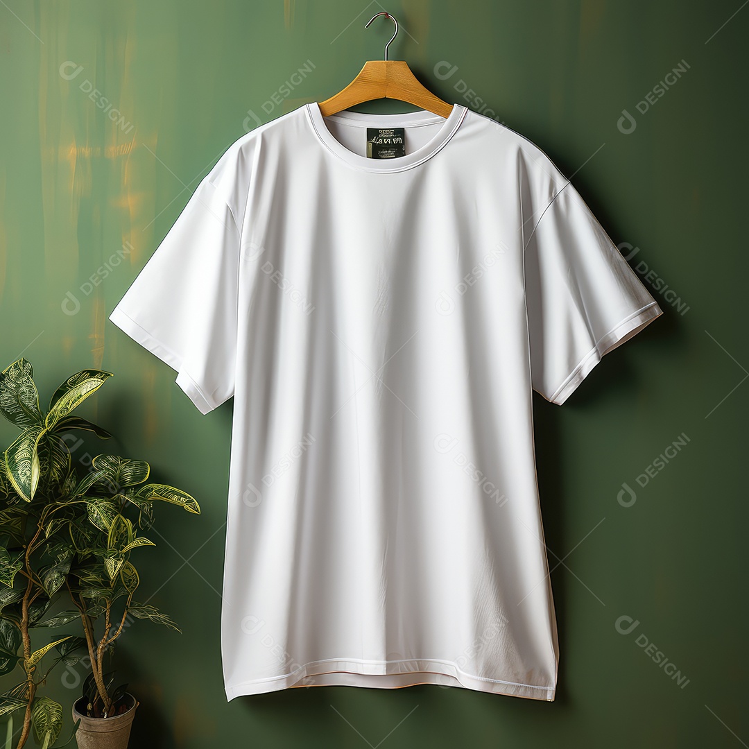 Modelo de camiseta branca pendurada na parede verde