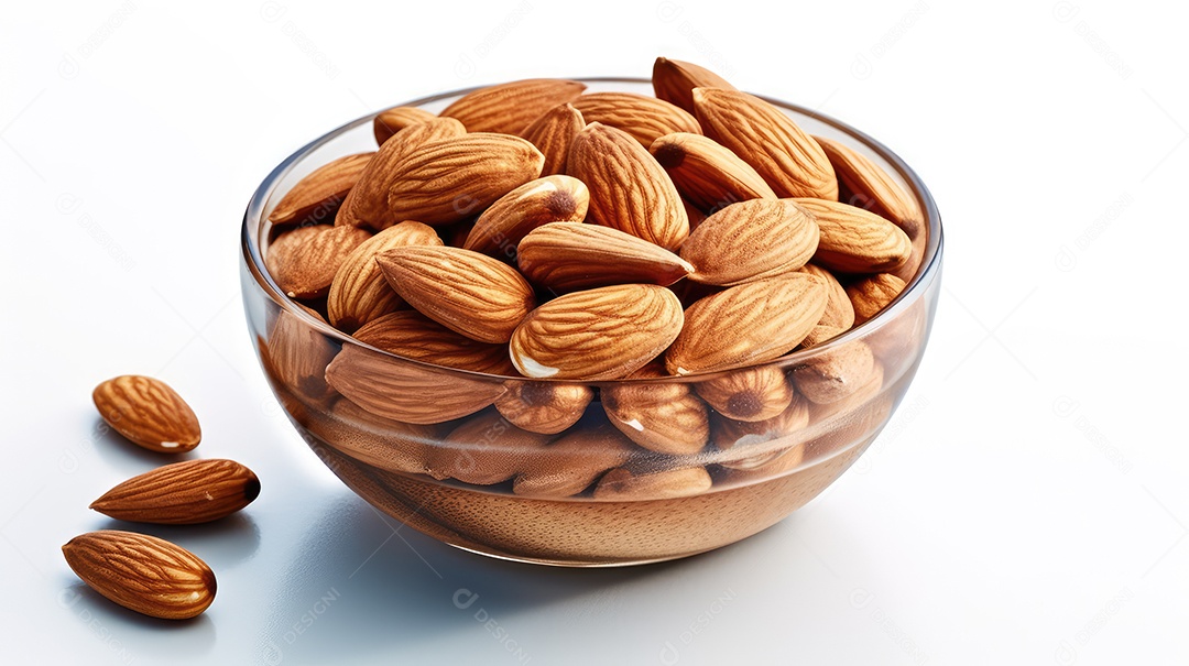 Amêndoa em tigela isolada no fundo branco