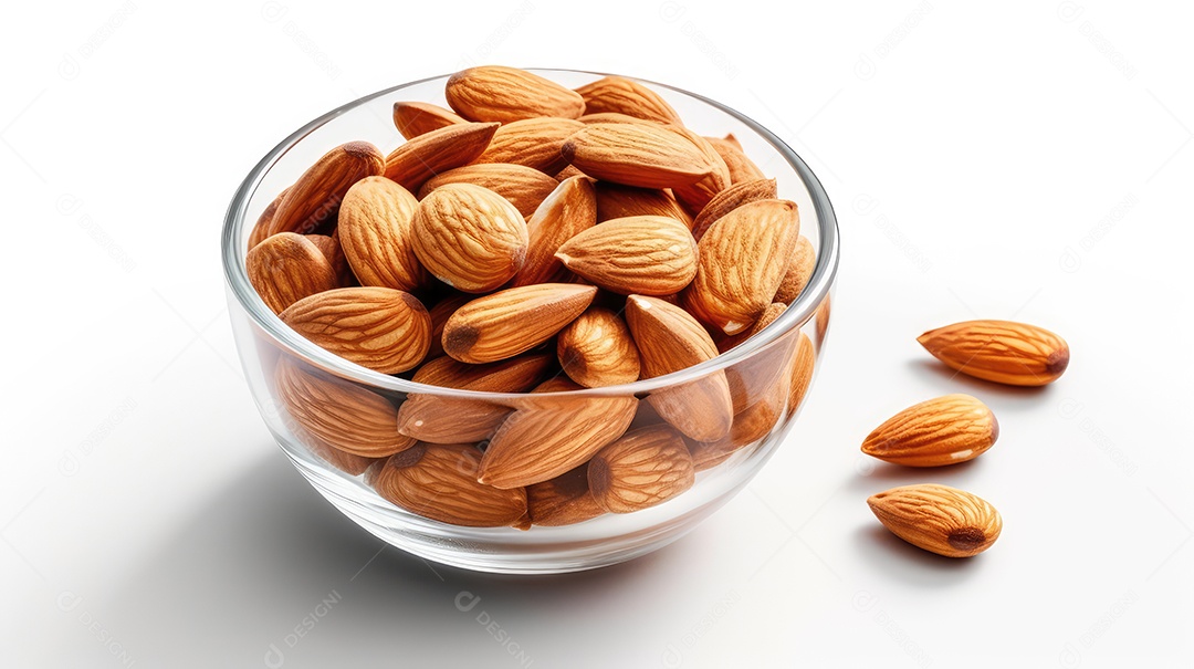 Amêndoa em tigela isolada no fundo branco