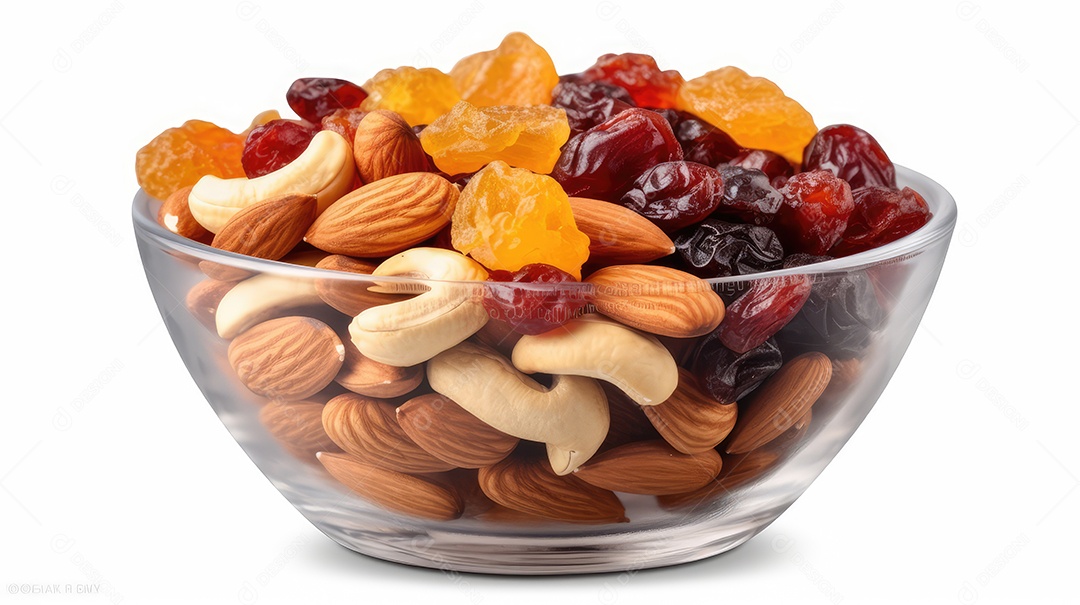 Misture nozes e frutas secas em uma tigela de vidro isolada no fundo branco