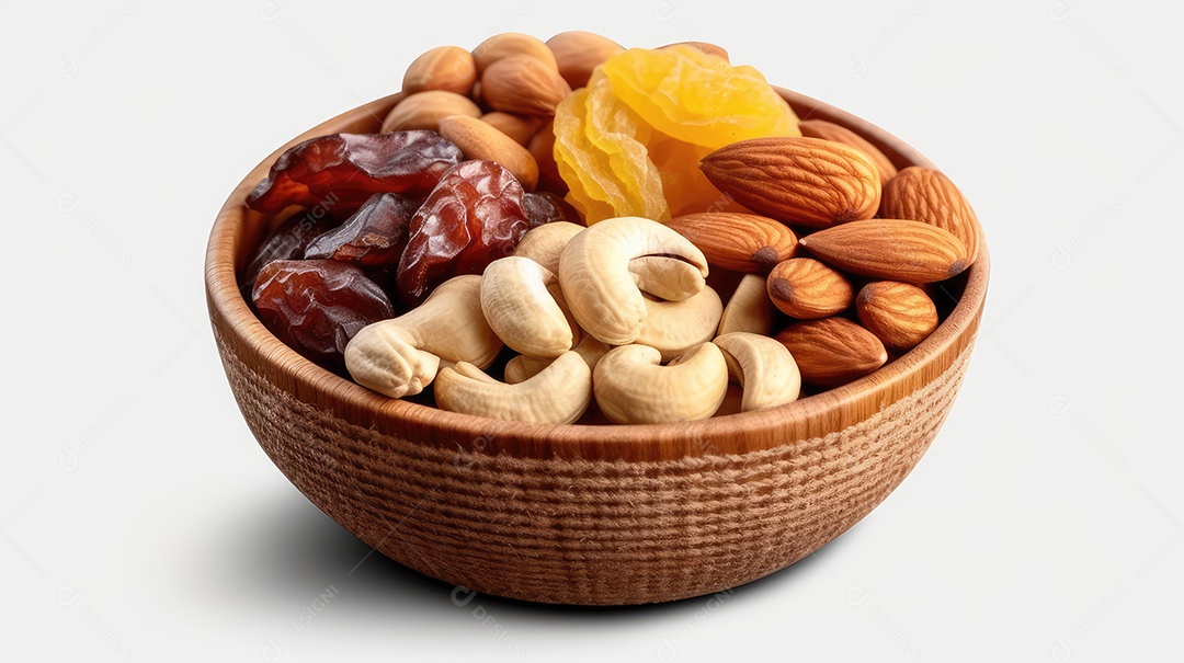 Misture nozes e frutas secas em uma tigela isolada no fundo branco