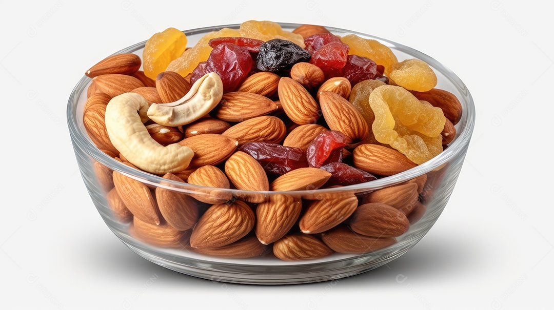 Misture nozes e frutas secas em uma tigela de vidro isolada no fundo branco