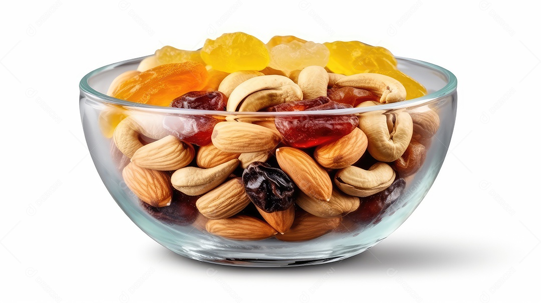 Misture nozes e frutas secas em uma tigela de vidro isolada no fundo branco