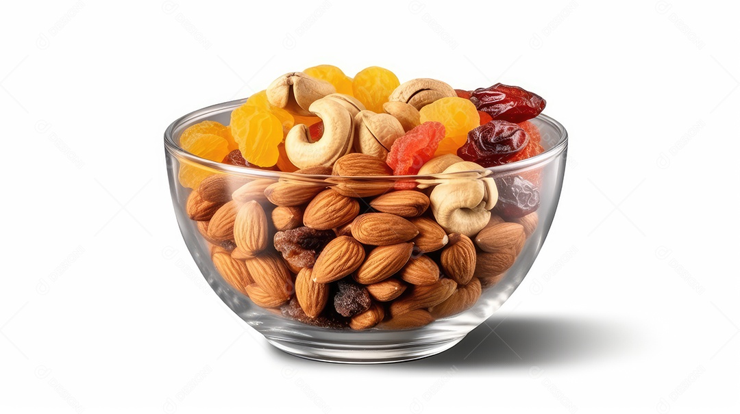 Misture nozes e frutas secas em uma tigela de vidro isolada no fundo branco