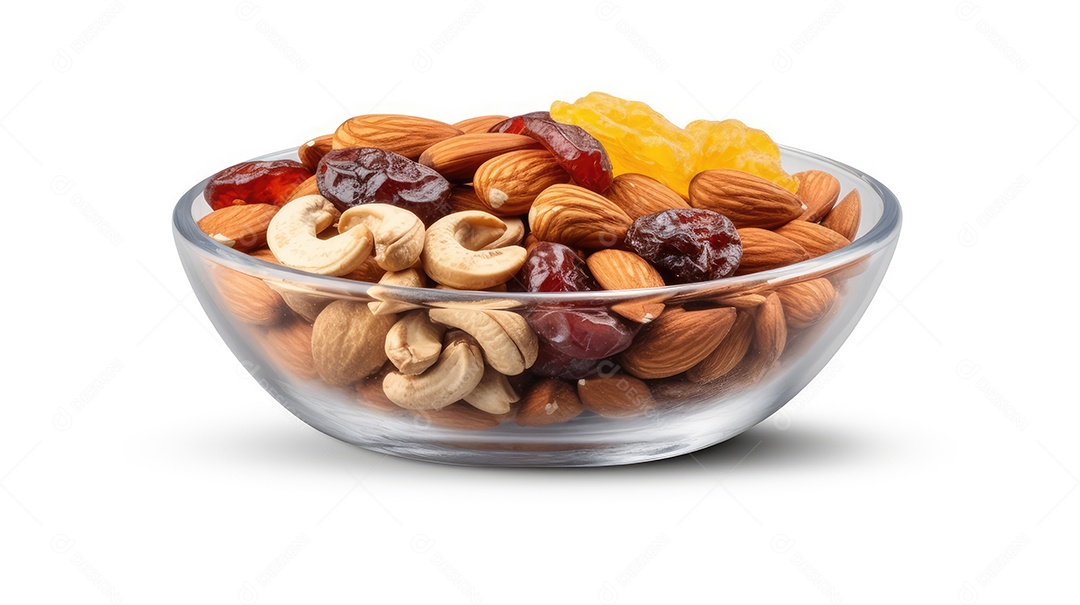 Misture nozes e frutas secas em uma tigela de vidro isolada no fundo branco