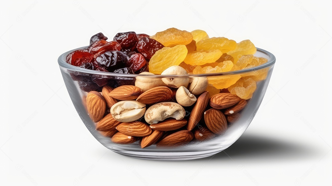 Misture nozes e frutas secas em uma tigela de vidro isolada no fundo branco