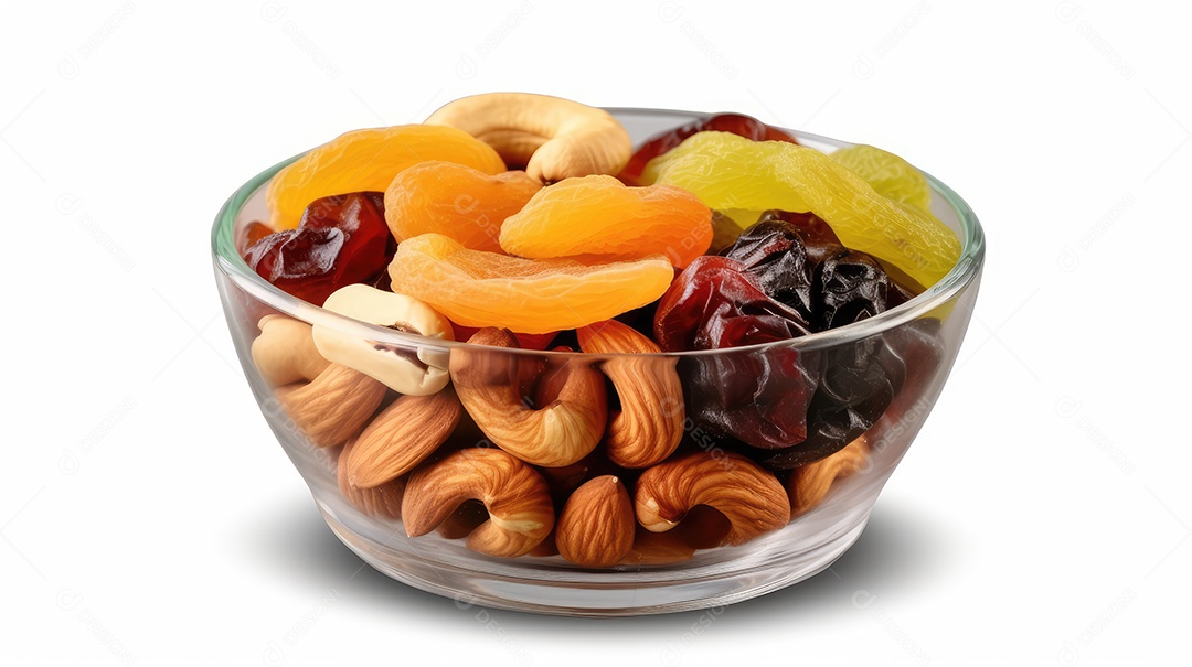 Misture nozes e frutas secas em uma tigela de vidro isolada no fundo branco