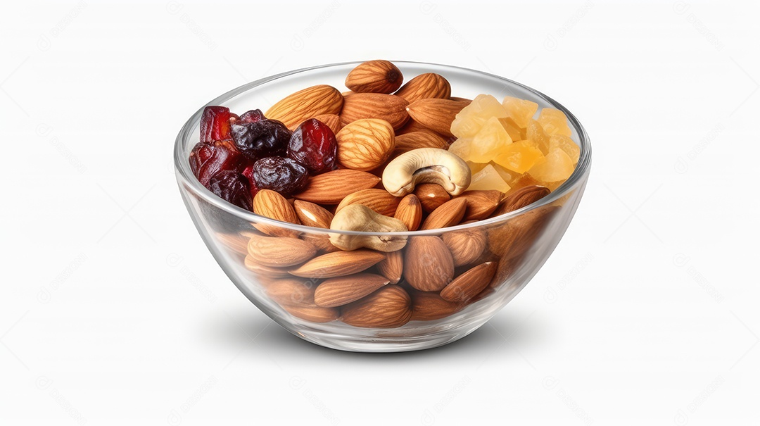 Misture nozes e frutas secas em uma tigela de vidro isolada no fundo branco
