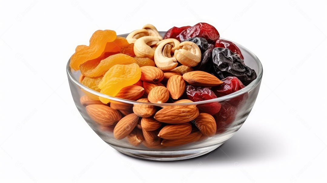 Misture nozes e frutas secas em uma tigela de vidro isolada no fundo branco
