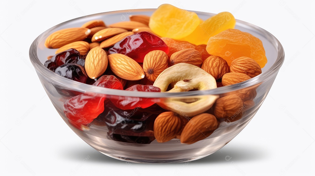 Misture nozes e frutas secas em uma tigela de vidro isolada no fundo branco