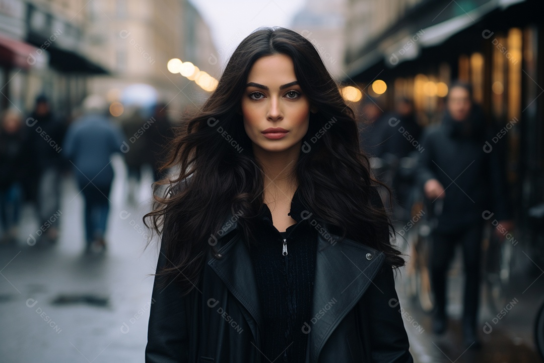 Retrato de uma linda mulher de cabelos escuros parada na rua Generative IA
