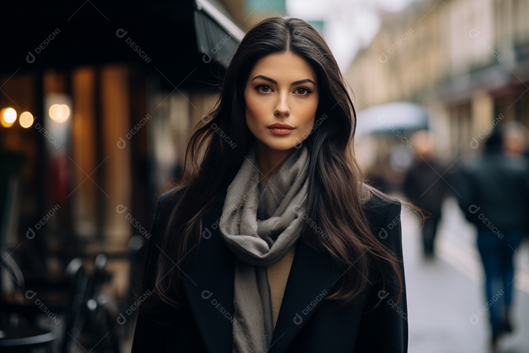 Retrato de uma linda mulher de cabelos escuros parada na rua Generative IA