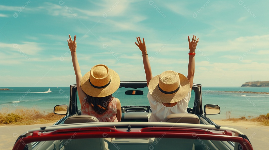 Vista traseira de jovens amigas felizes em um carro conversível com as mãos levantadas IA generativa
