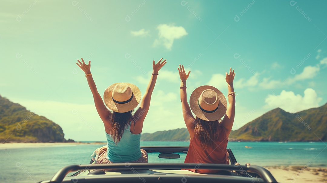 Vista traseira de jovens amigas felizes em um carro conversível com as mãos levantadas IA generativa
